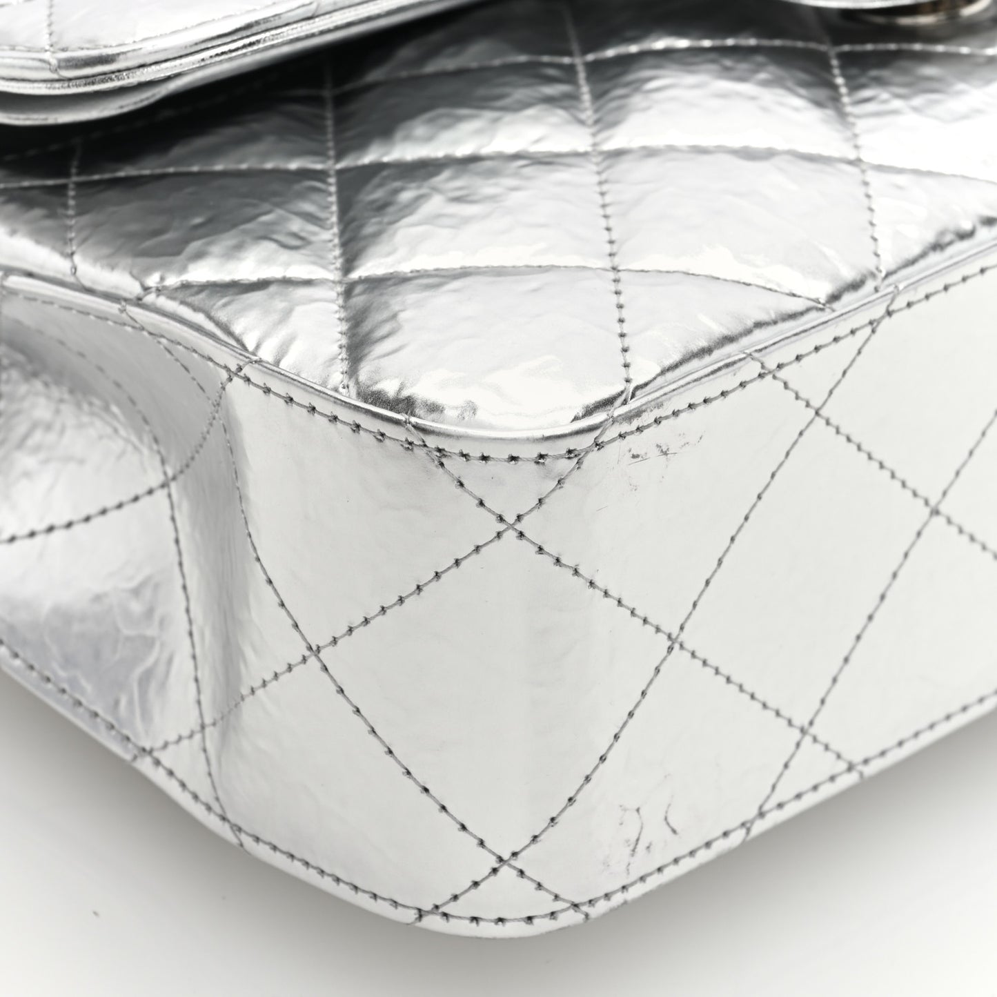 Hammered Metallic Calfskin Quilted Small Double Flap Silver