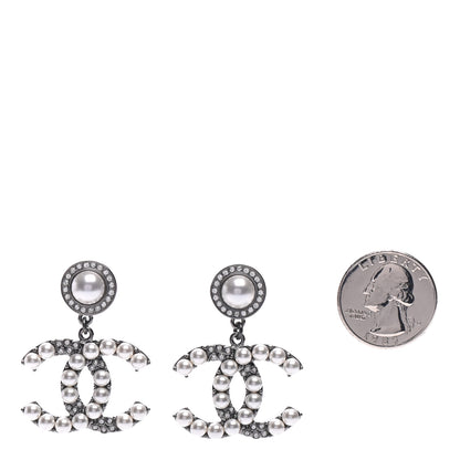 Chanel Pearl Crystal CC Drop Earrings Silver 2 of 5