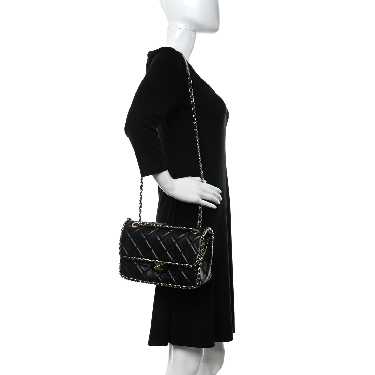 Crumpled Calfskin Quilted Large Chain All Over Flap Bag Black