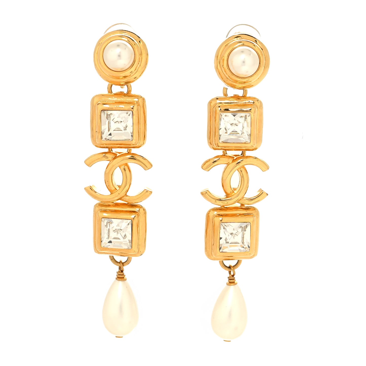 Crystal Pearl Large CC Drop Clip-On Earrings Gold