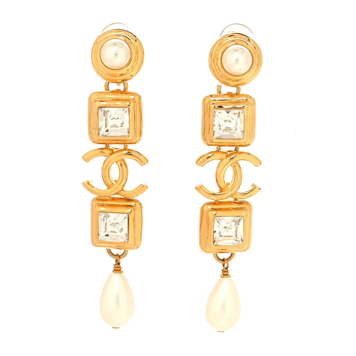 Chanel Crystal Pearl Large CC Drop Clip-On Earrings Gold 1 of 4
