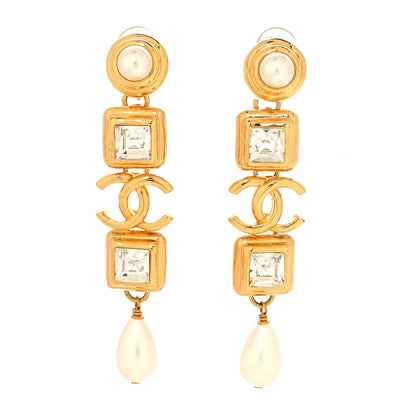 Chanel Crystal Pearl Large CC Drop Clip-On Earrings Gold 1 of 4