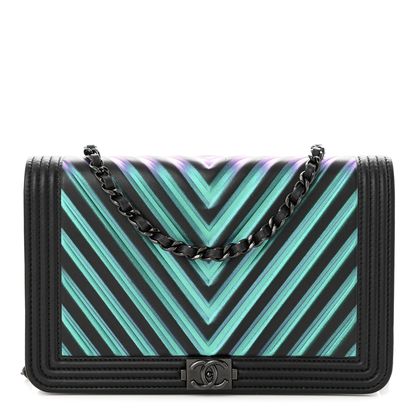 Calfskin Painted Chevron Embossed Boy Wallet On Chain WOC Black
