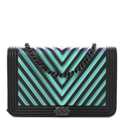Chanel Calfskin Painted Chevron Embossed Boy Wallet On Chain WOC Black 1 of 15