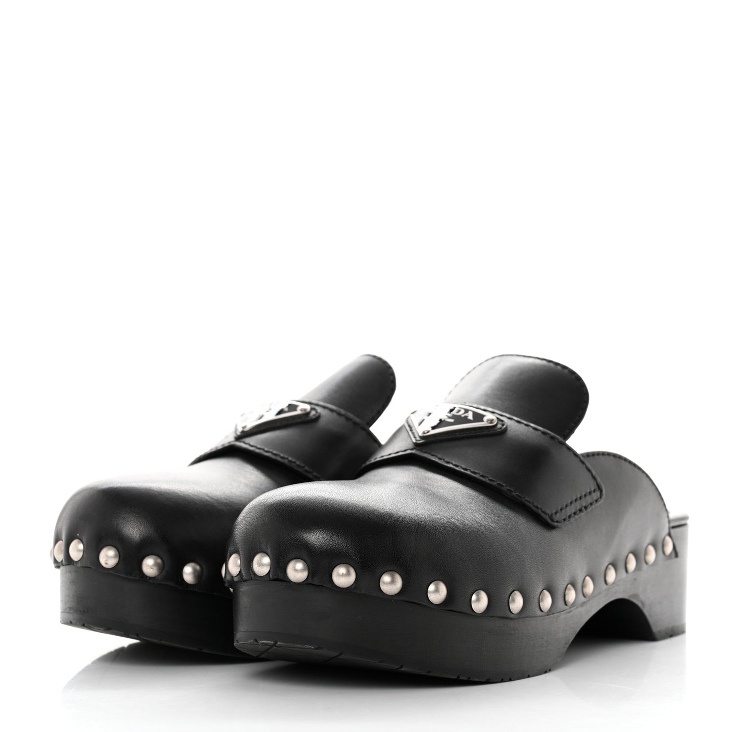 Natural Calfskin Metal Triangle Logo 45mm Clogs 36 Black
