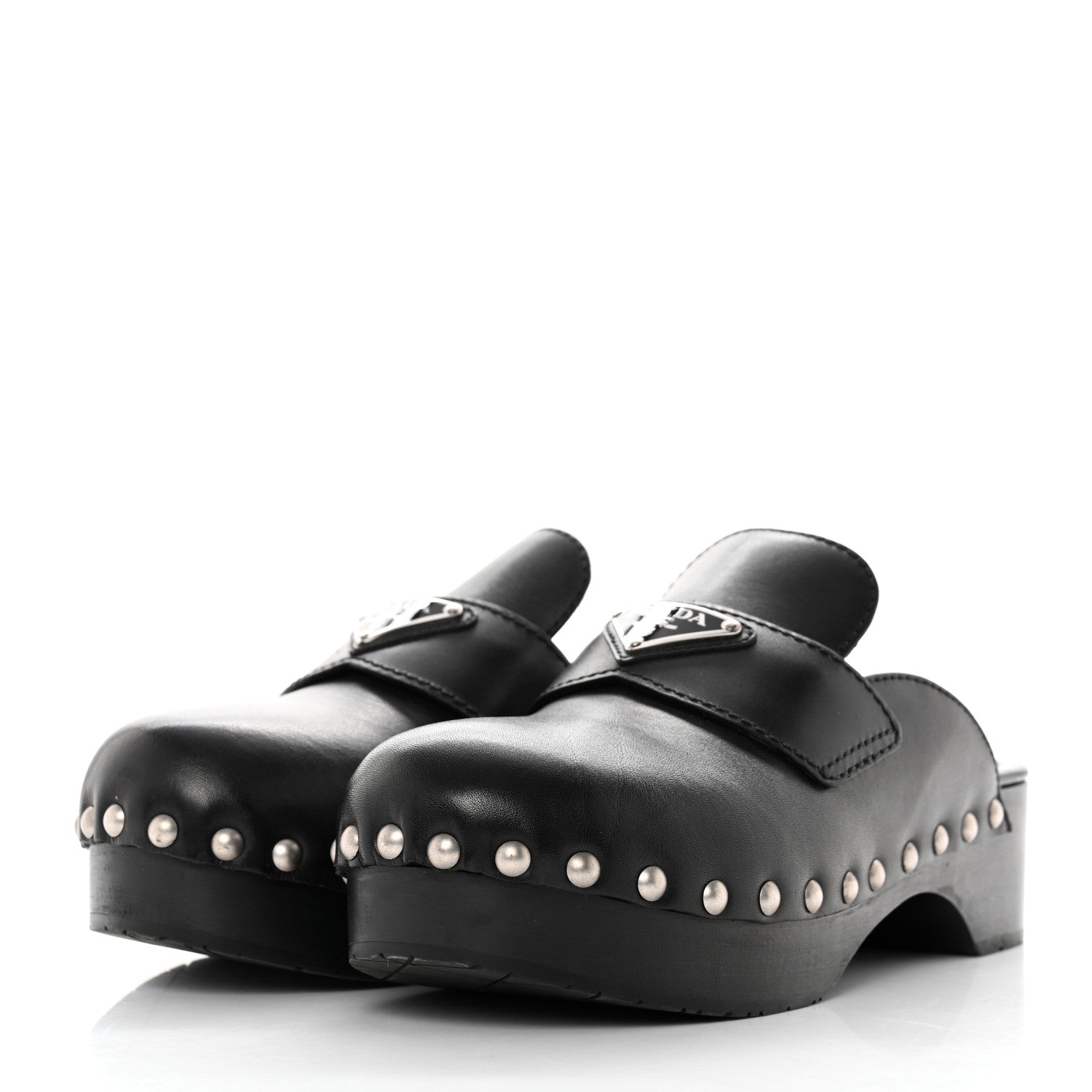 Prada Natural Calfskin Metal Triangle Logo 45mm Clogs 36 Black 3 of 9