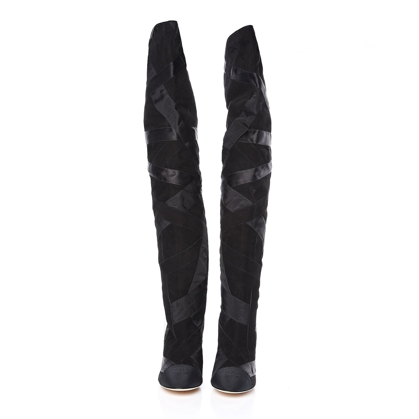 Suede Grosgrain Patchwork Over The Knee Boots 41 Black