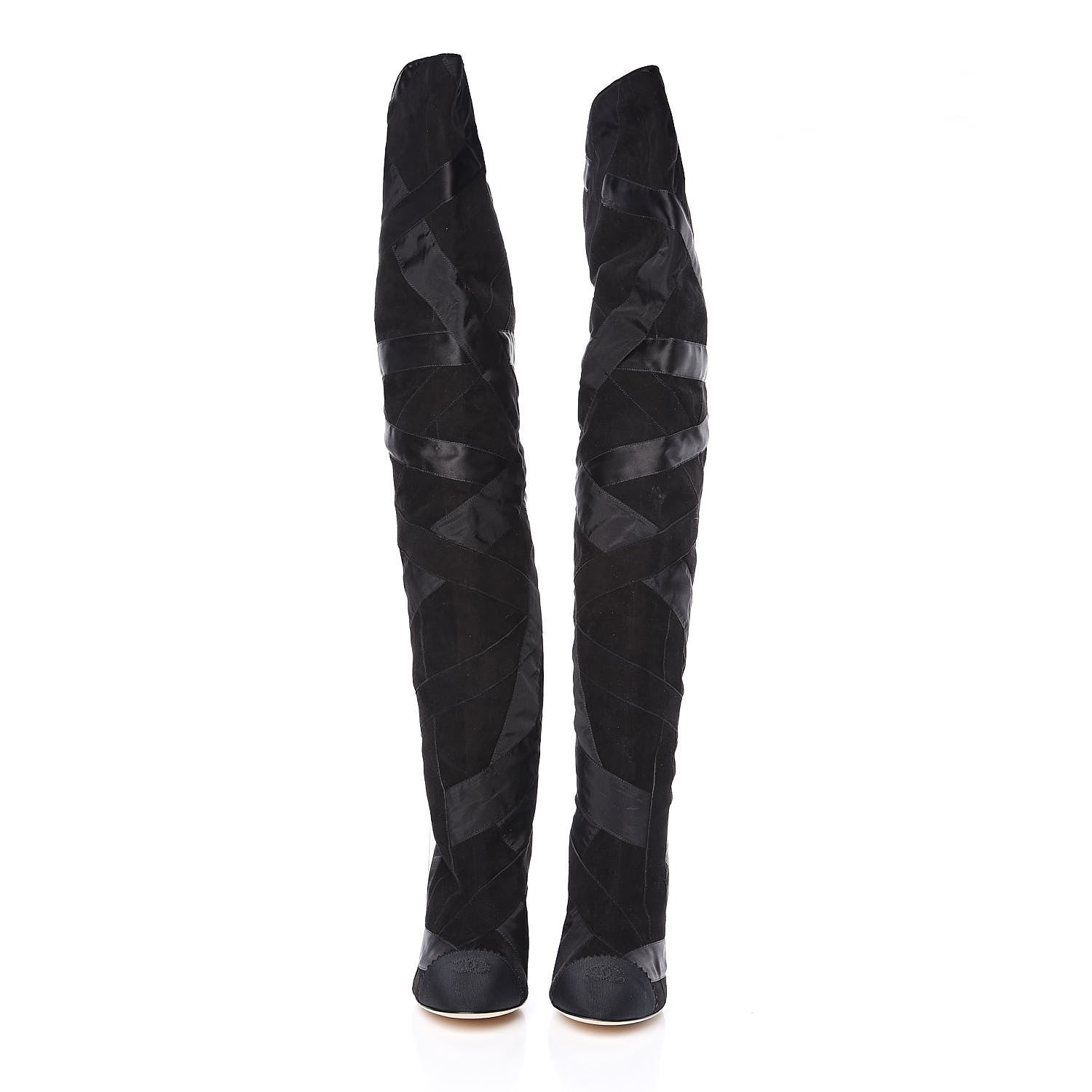 Chanel Suede Grosgrain Patchwork Over The Knee Boots 41 Black 2 of 7