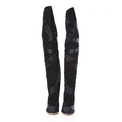 Chanel Suede Grosgrain Patchwork Over The Knee Boots 41 Black 2 of 7