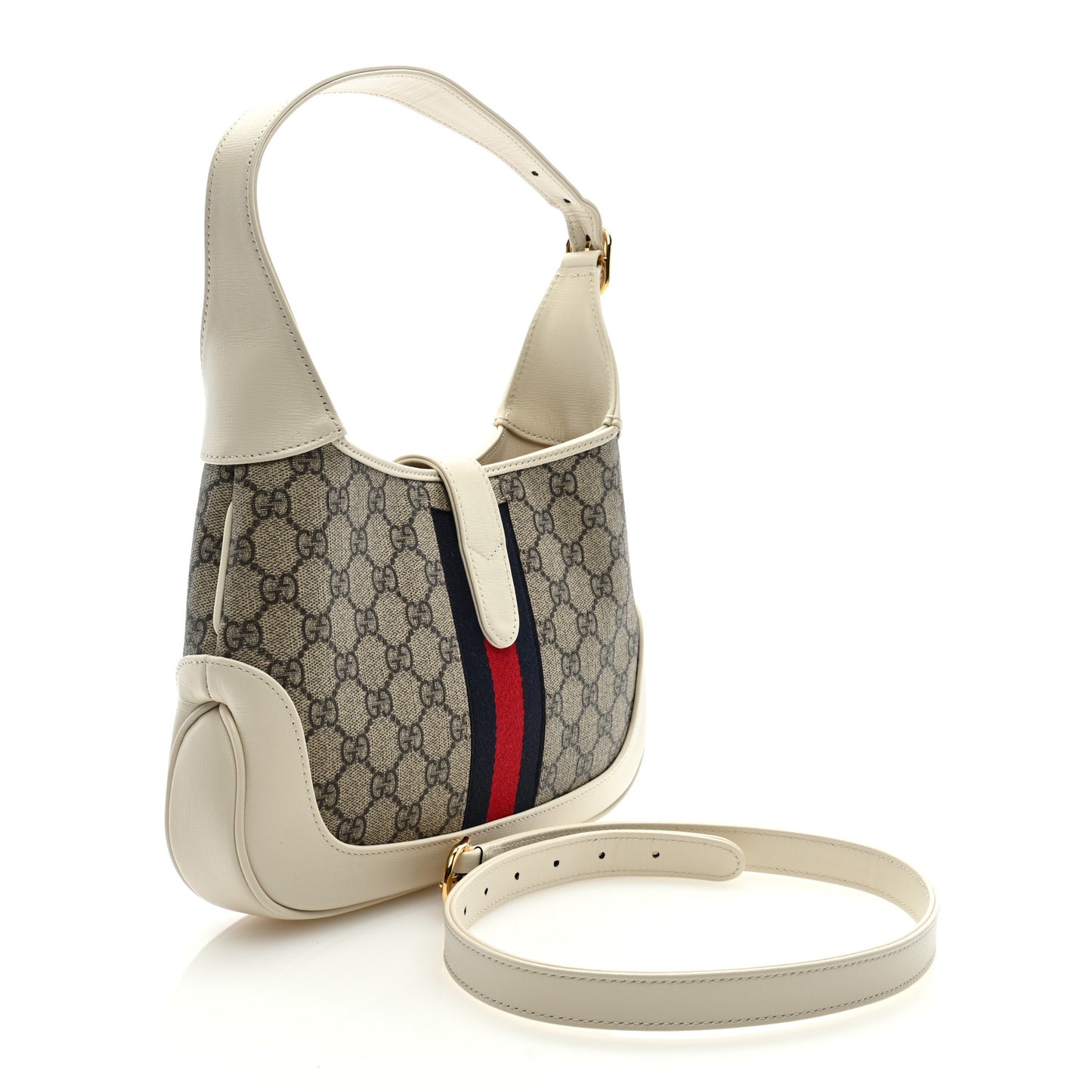 GG Supreme Monogram Azalea Calfskin Web Small Jackie 1961 Hobo Beige Ebony Mystic White