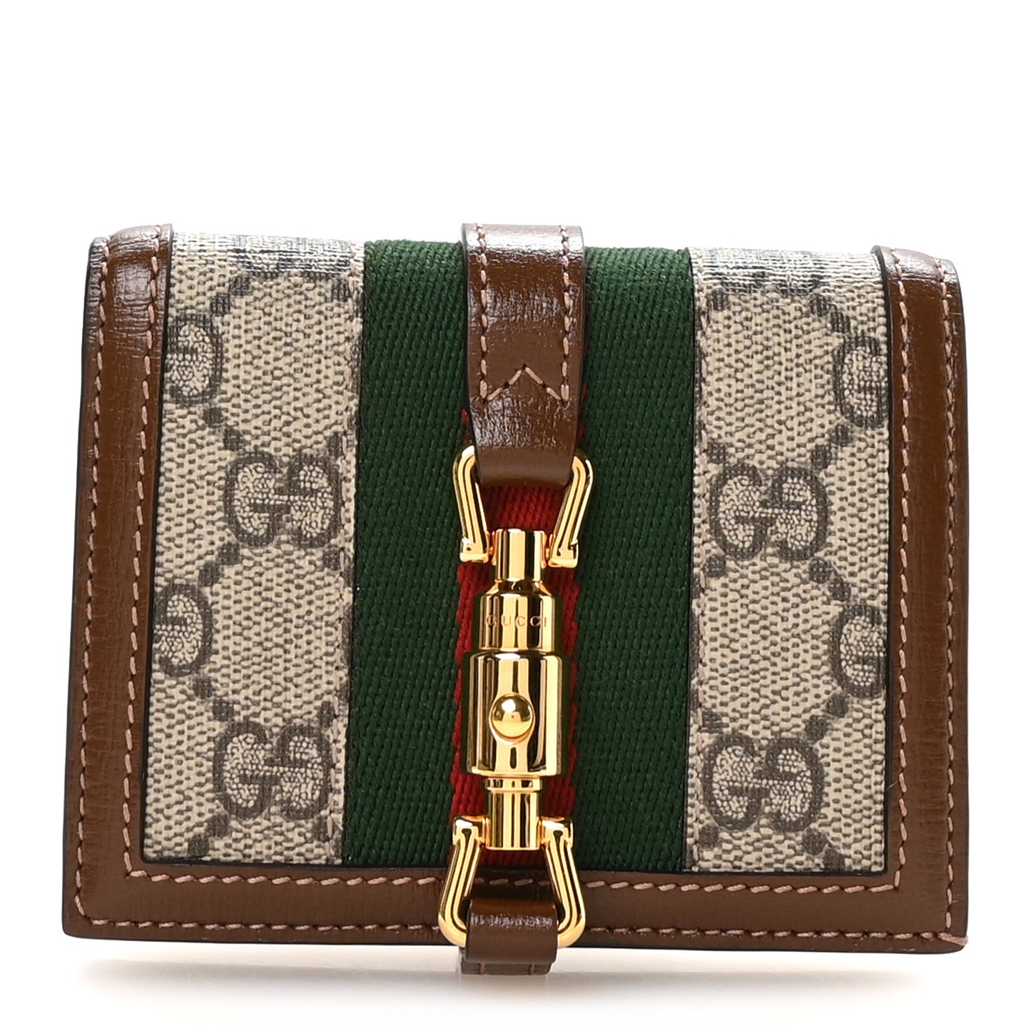 GG Supreme Monogram Textured Calfskin Web Jackie 1961 Card Case Beige Ebony Brown Sugar