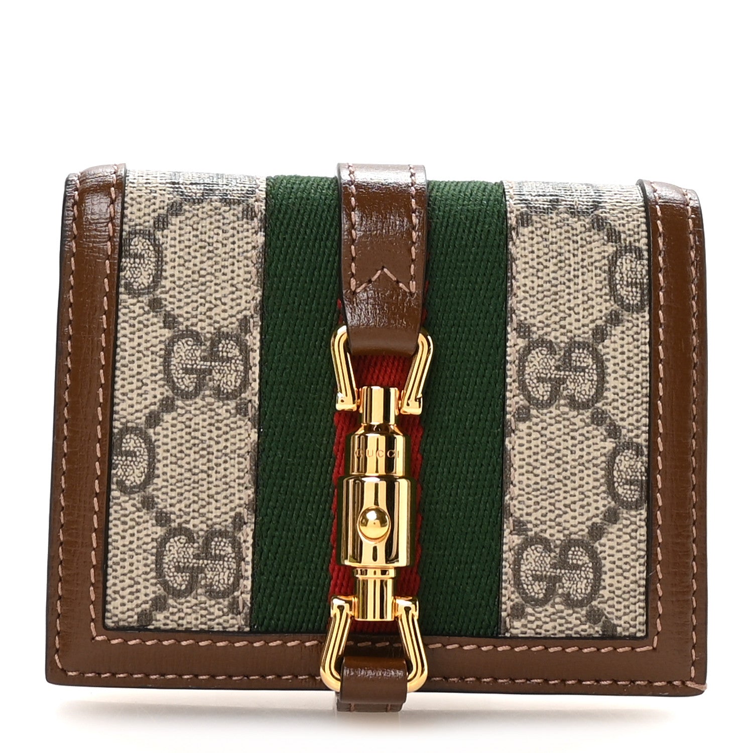 Gucci GG Supreme Monogram Textured Calfskin Web Jackie 1961 Card Case Beige Ebony Brown Sugar 1 of 8