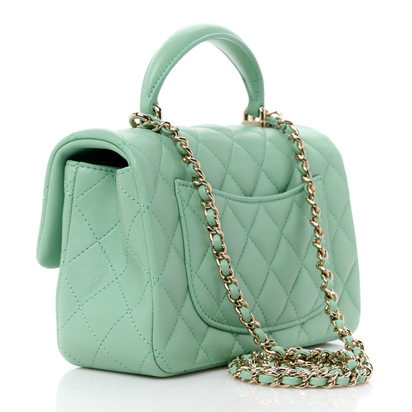 Lambskin Quilted Mini Top Handle Rectangular Flap Light Green