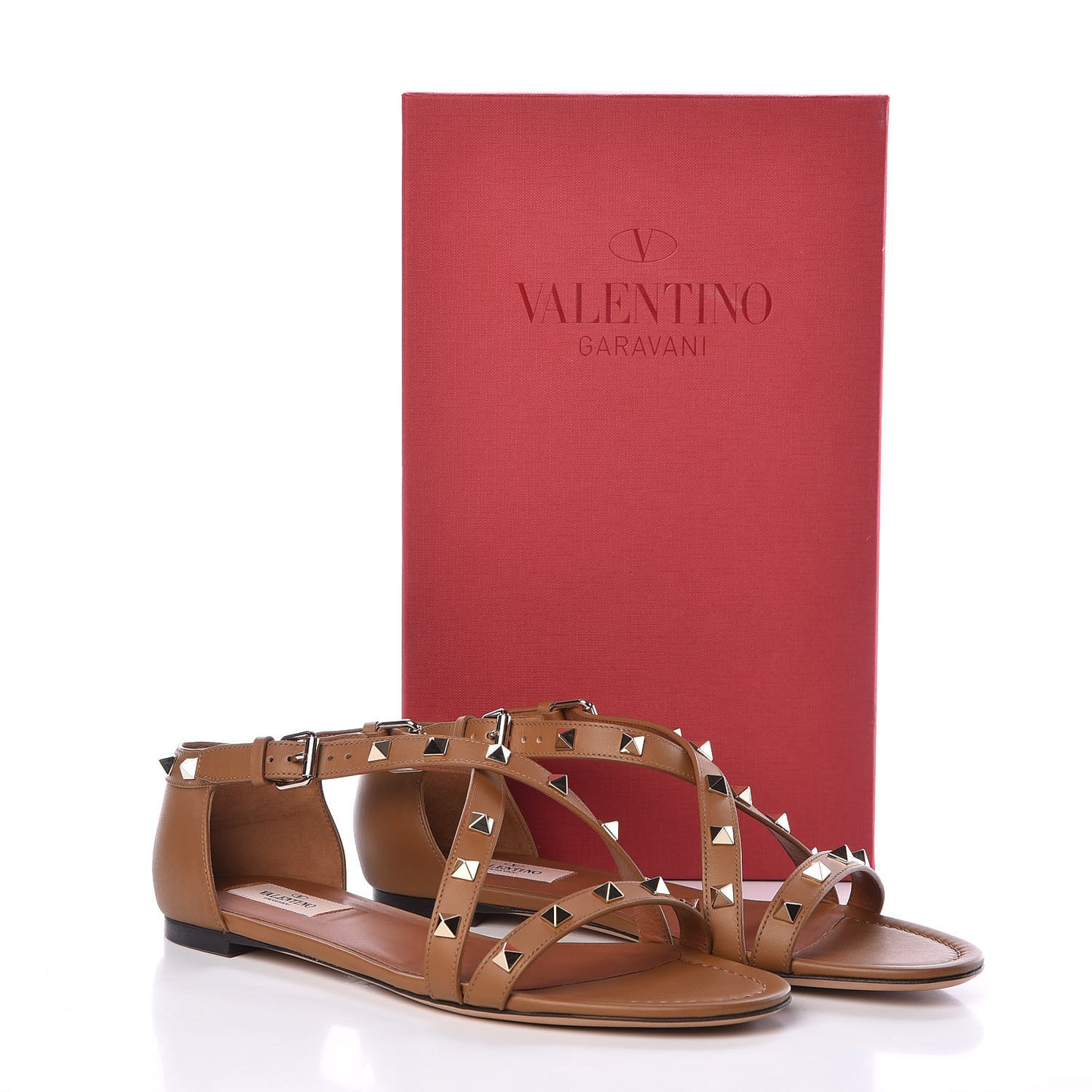 Nappa Rockstud Cross Strap Flat Sandals 39.5 Bright Cognac