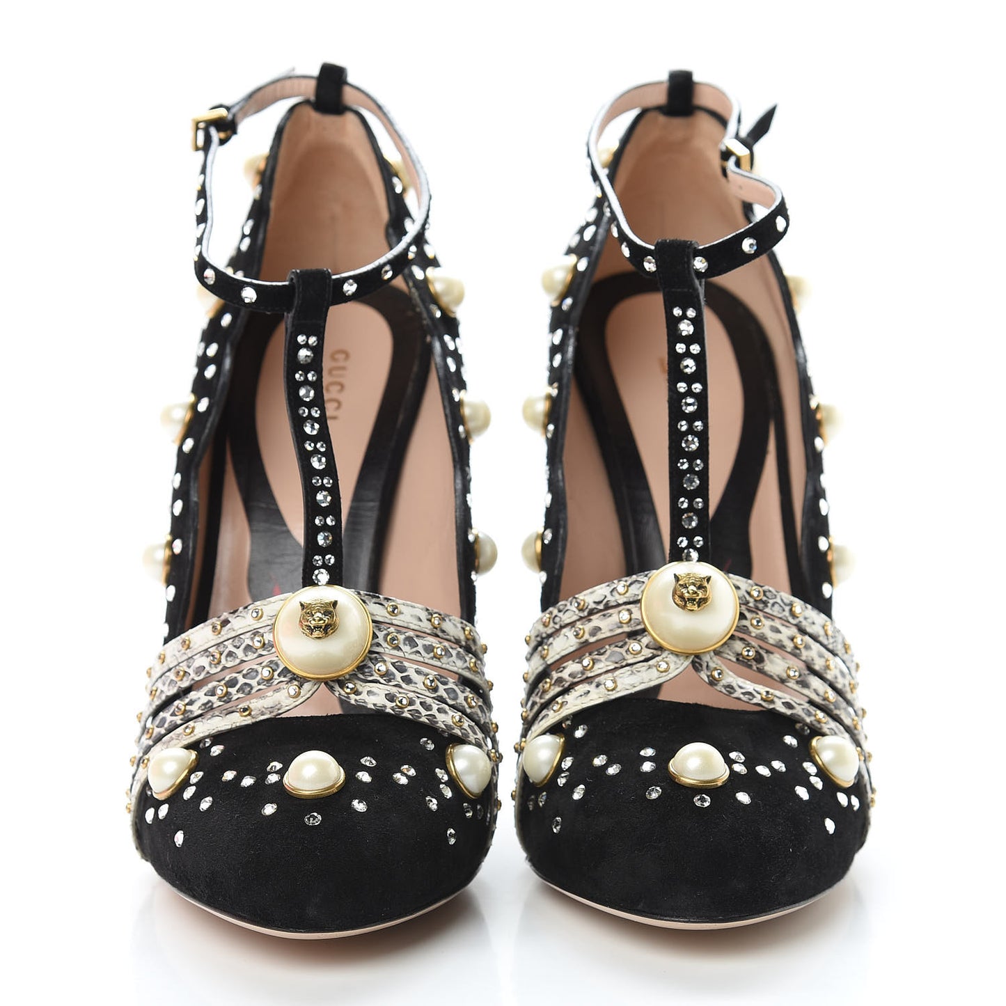 Suede Snakeskin Pearl Studded Ofelia Pumps 41.5 Black
