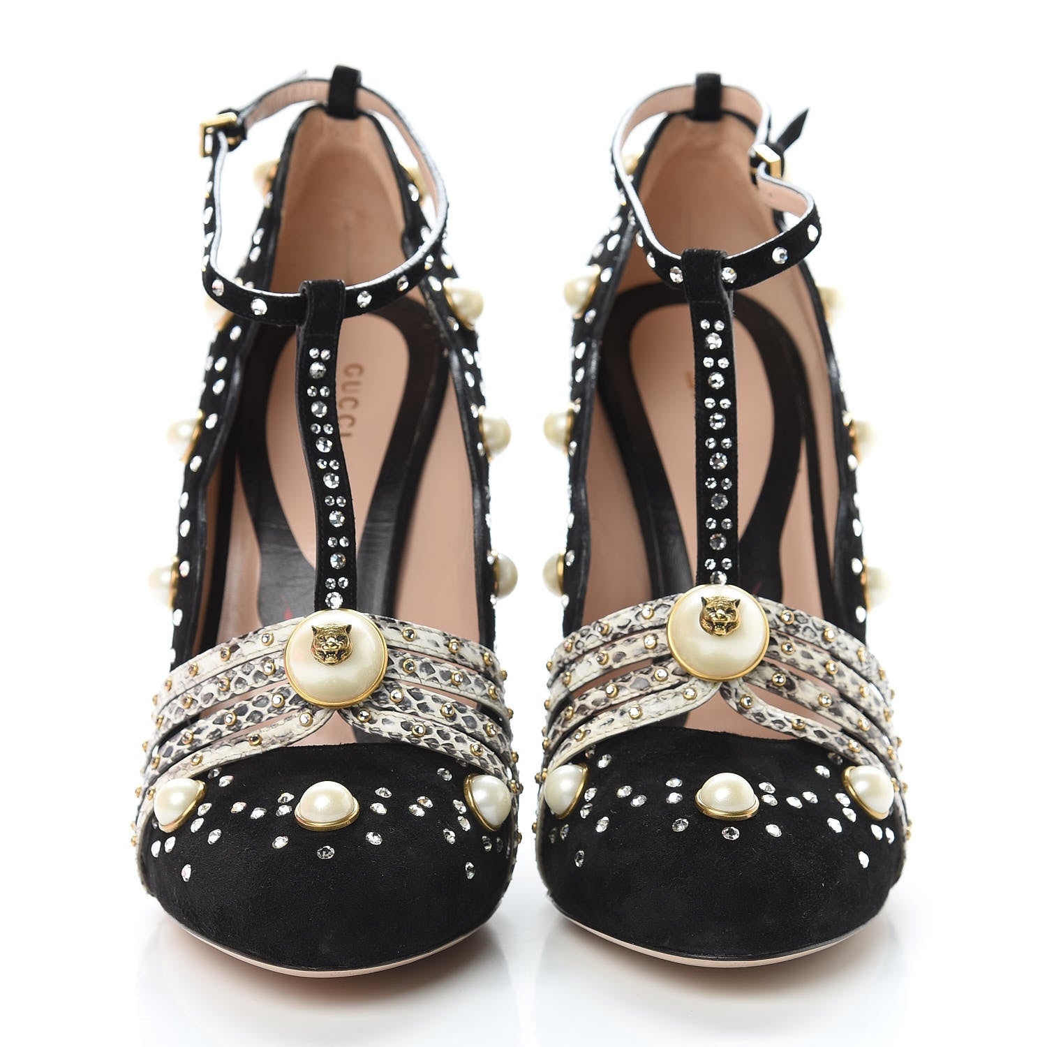 Gucci Suede Snakeskin Pearl Studded Ofelia Pumps 41.5 Black 2 of 12