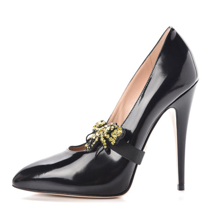 Gucci Polished Calfskin Removable Bee Elaisa Platform High Heel Pumps 37 Black 1 of 12