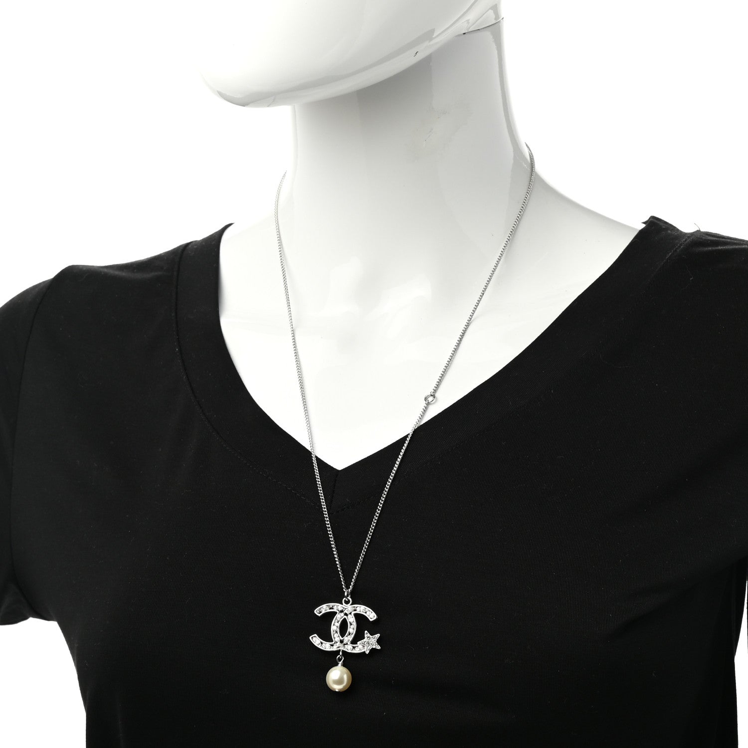 Chanel Crystal CC Star Pearl Drop Necklace Silver 2 of 6