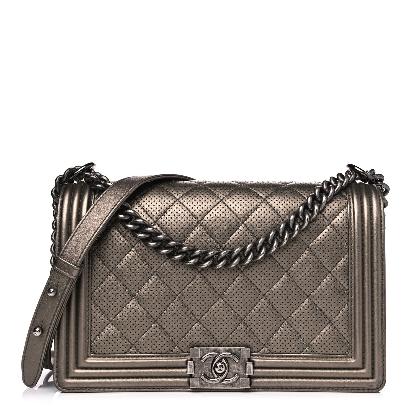Metallic Lambskin Perforated New Medium Boy Flap Dark Silver