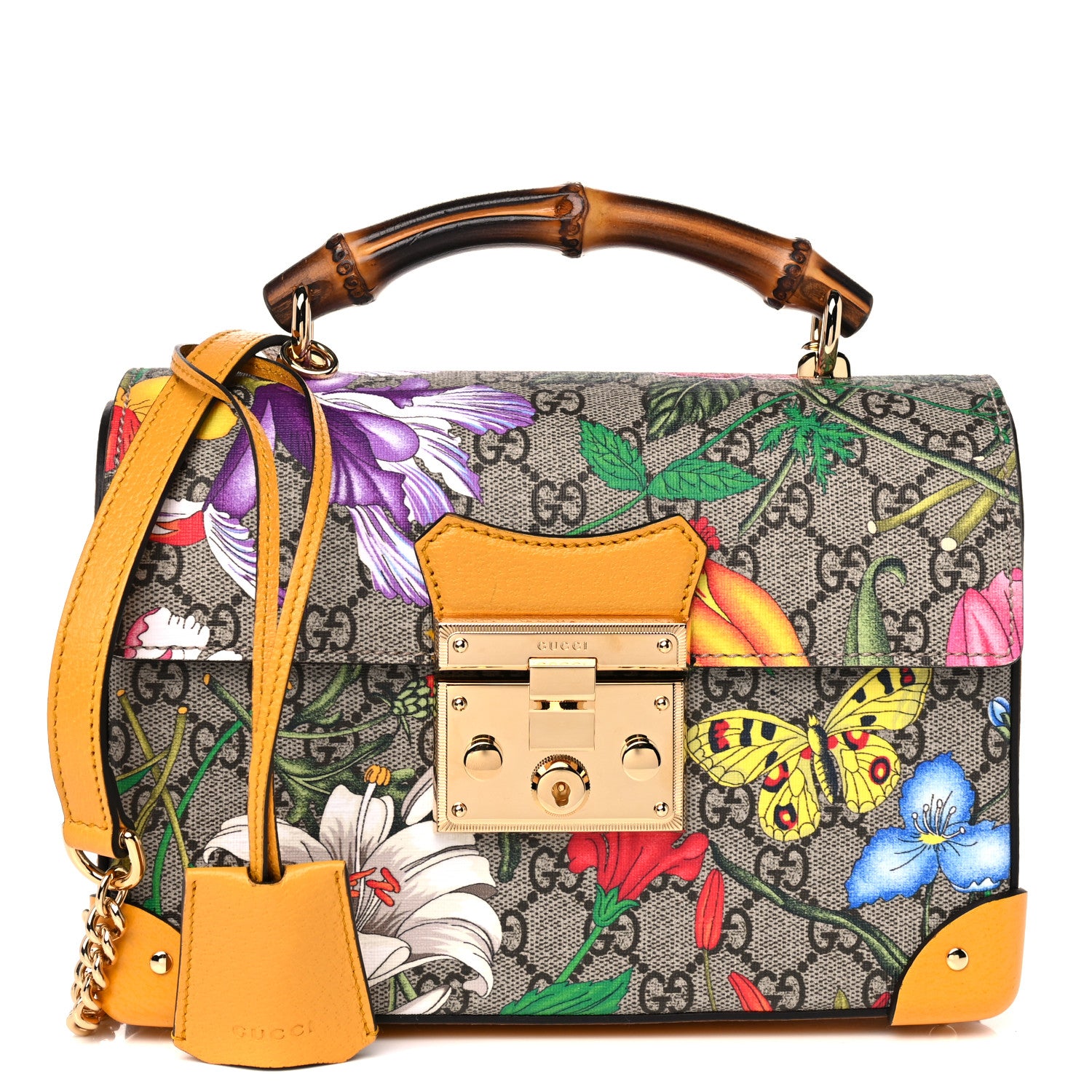 Gucci GG Supreme Monogram Flora Small Padlock Bamboo Shoulder Bag Beige Multicolor Crop 1 of 10
