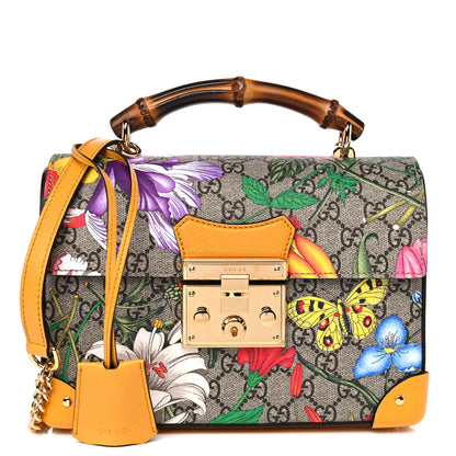 Gucci GG Supreme Monogram Flora Small Padlock Bamboo Shoulder Bag Beige Multicolor Crop 1 of 10