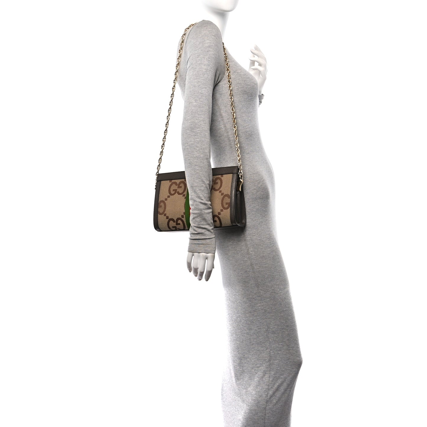 Monogram Jumbo GG Textured Dollar Calfskin Web Small Ophidia Chain Shoulder Bag Camel Ebony New Acero