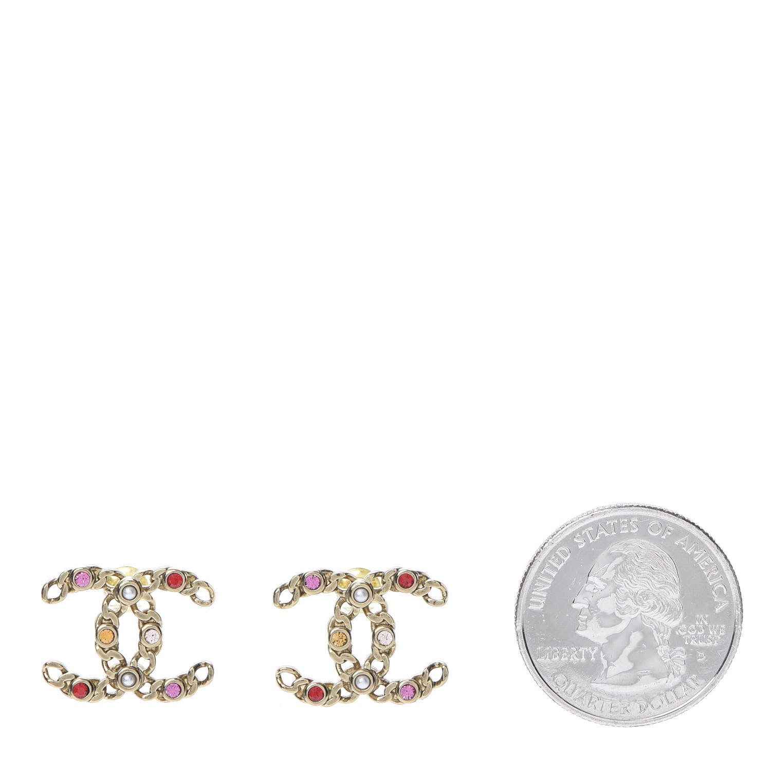 Chanel Pearl Crystal Chain Link CC Earrings Gold Red Pink Yellow 2 of 5
