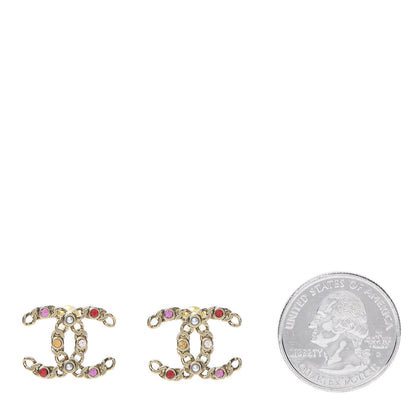 Chanel Pearl Crystal Chain Link CC Earrings Gold Red Pink Yellow 2 of 5
