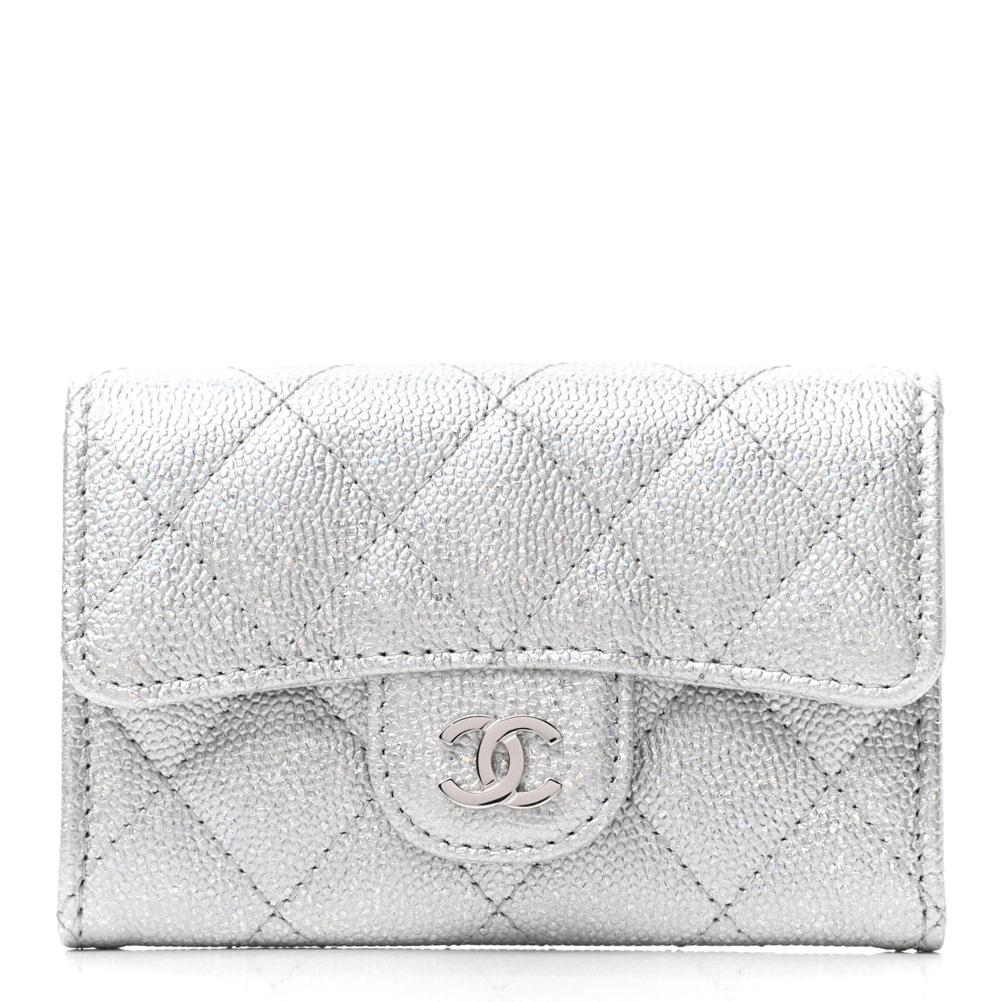 Glittered Metallic Caviar Quilted Flap Card Holder Wallet Silver