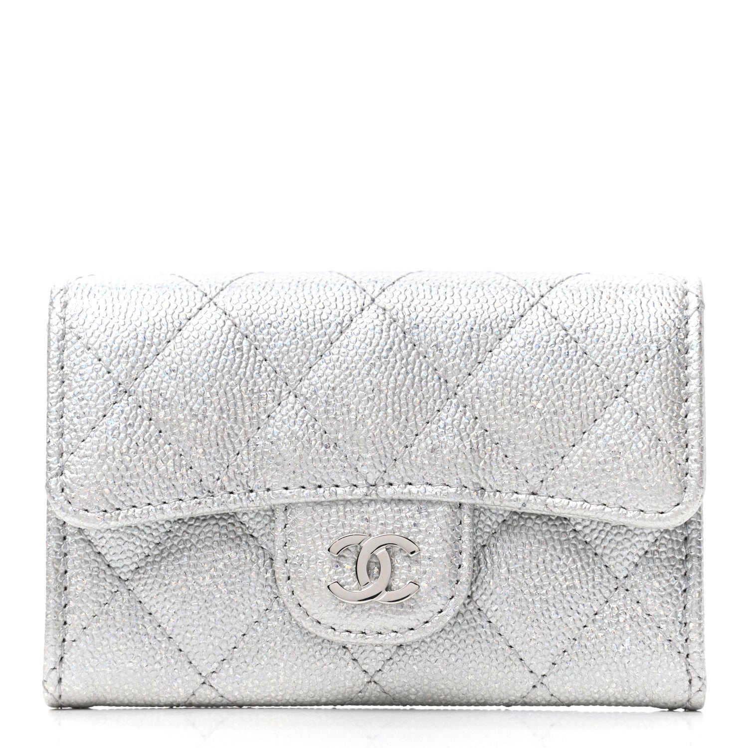 Chanel Glittered Metallic Caviar Quilted Flap Card Holder Wallet Silver 1 of 8