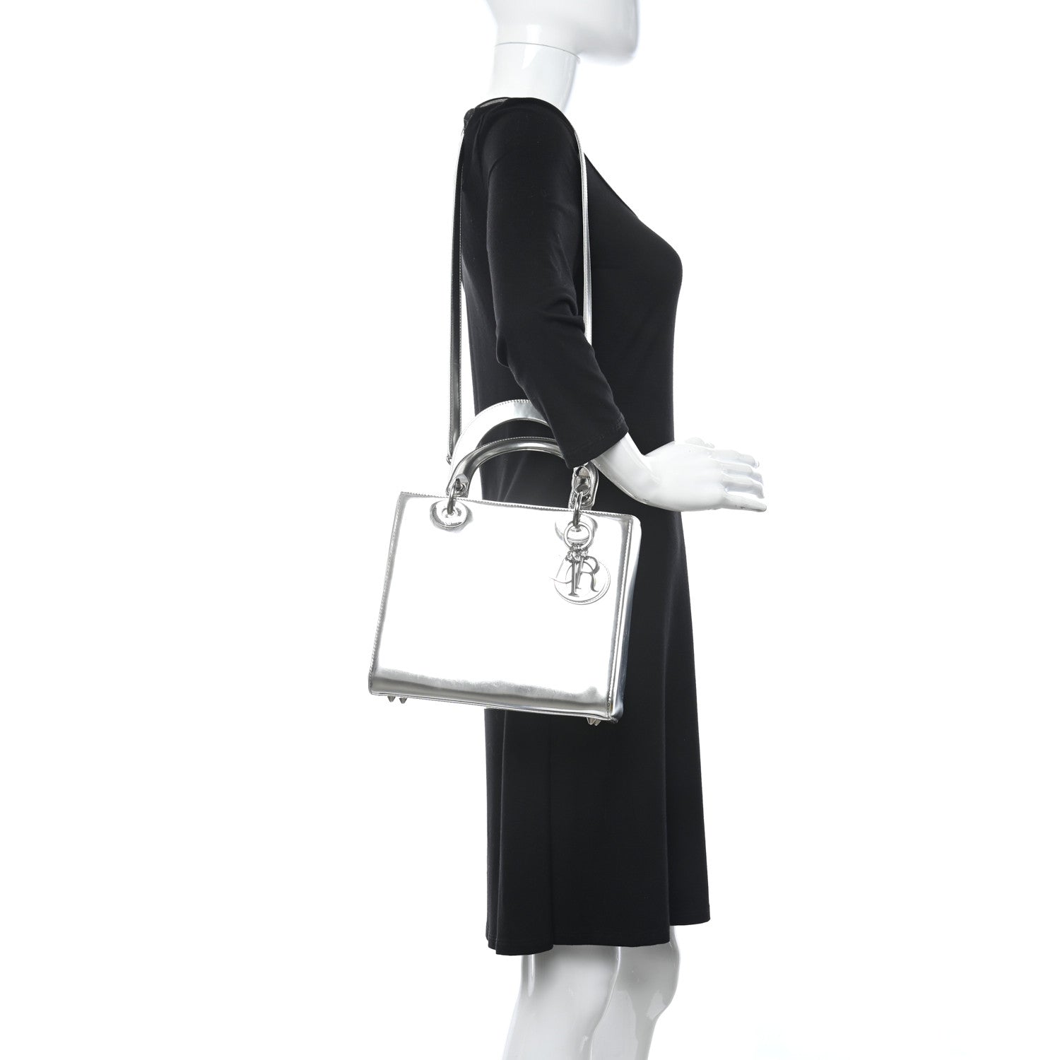 Christian Dior Metallic Patent Calfskin Medium Lady Dior Silver 2 of 12
