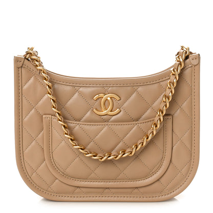 Chanel Calfskin Quilted CC Hobo Handbag Beige 1 of 8