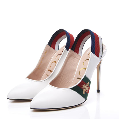 Gucci Malaga Kid Web Sylvie High Heel Slingback Pumps 37 White 2 of 12