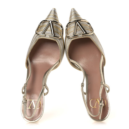 Valentino Garavani Metallic Raffia Calfskin Vlogo Slingback 80mm Pumps 37.5 Gold Silver 2 of 13