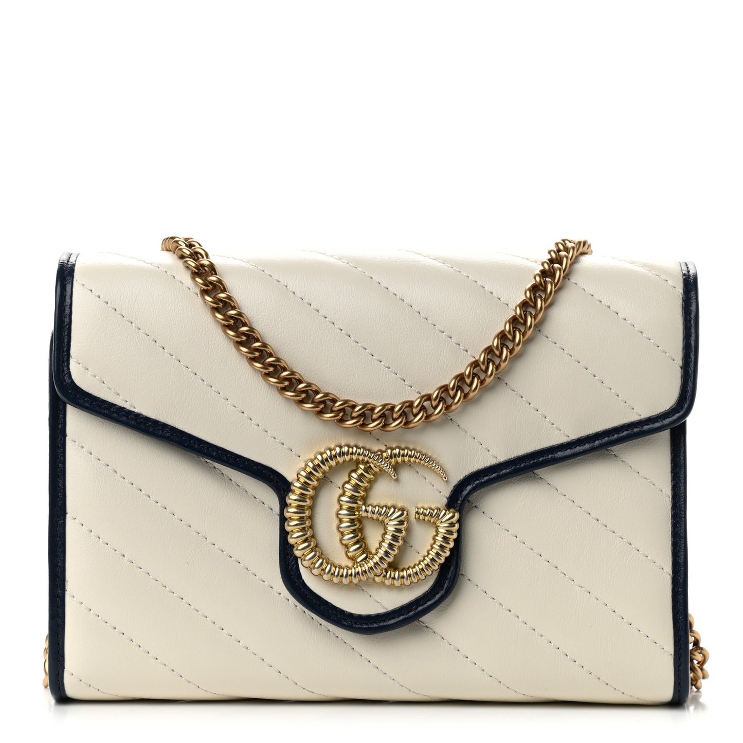 Vintage Effect Calfskin Matelasse Diagonal Torchon GG Marmont Chain Wallet Mystic White Blue Agata