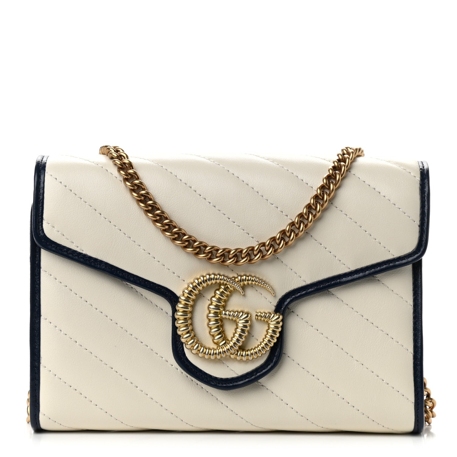 Gucci Vintage Effect Calfskin Matelasse Diagonal Torchon GG Marmont Chain Wallet Mystic White Blue Agata 1 of 12
