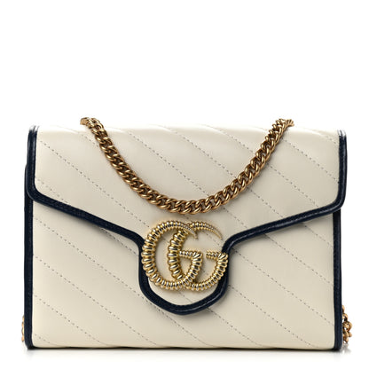 Gucci Vintage Effect Calfskin Matelasse Diagonal Torchon GG Marmont Chain Wallet Mystic White Blue Agata 1 of 12