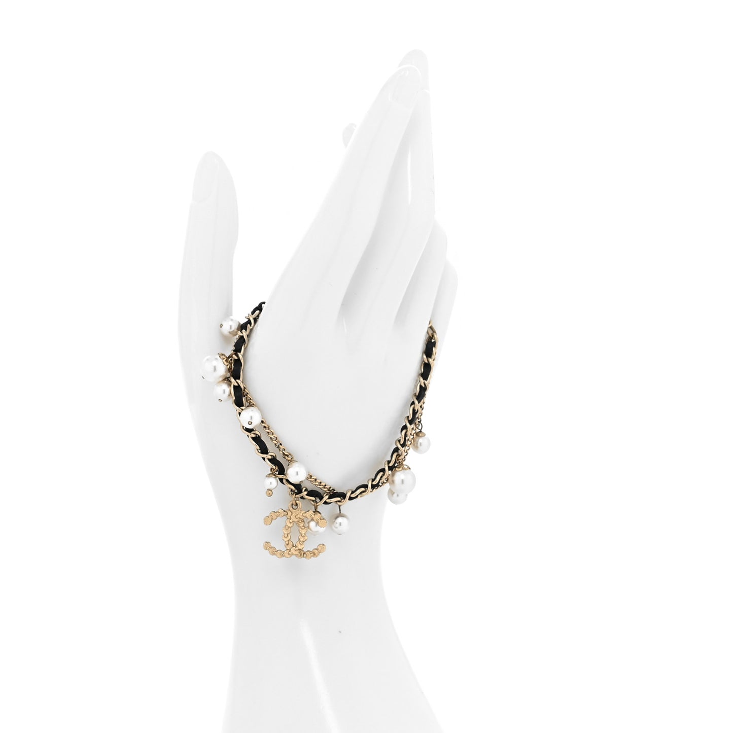 Lambskin Pearl Crystal Chain CC Bracelet Black Gold