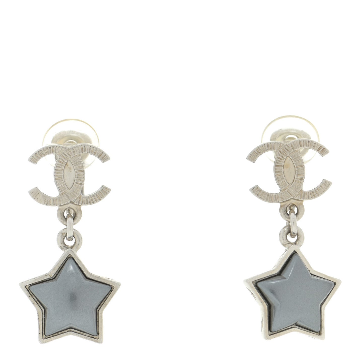 Metal Resin Pearl Star CC Drop Earrings Silver