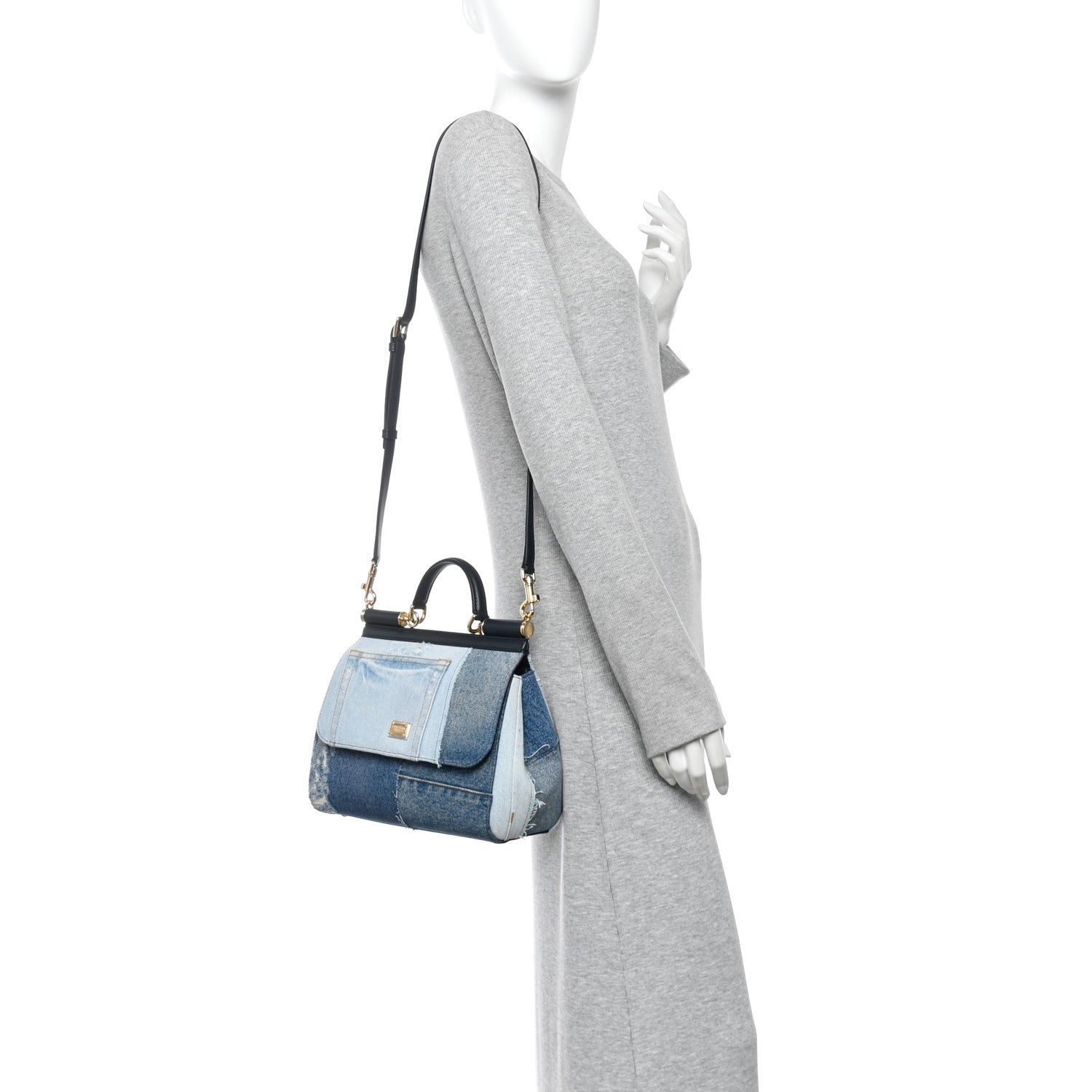 Dolce & Gabbana Calfskin Denim Patchwork Medium Miss Sicily Satchel Blue 2 of 9