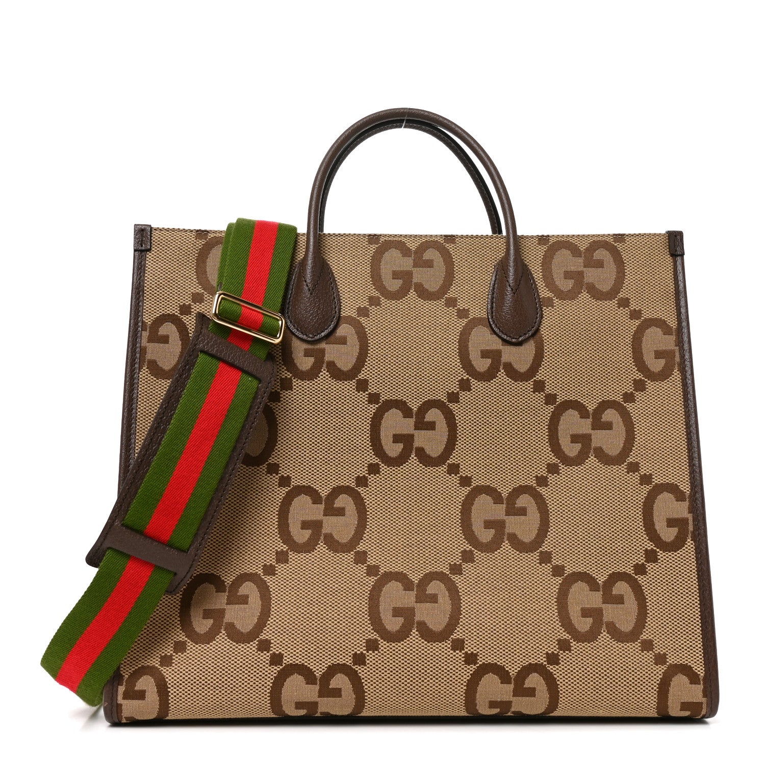 Gucci Monogram Jumbo GG Textured Dollar Calfskin Web Tote Bag Camel Ebony New Acero 1 of 10
