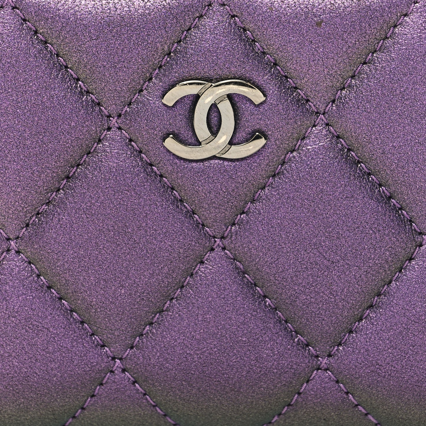 Metallic Lambskin Quilted Zip Around Coin Purse Wallet Purple
