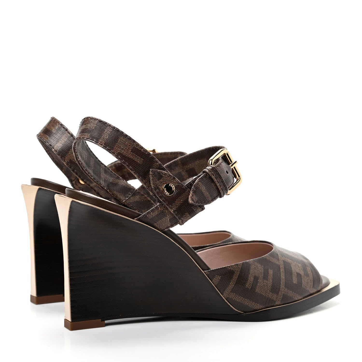 Fendi Glazed Fabric FF Wedge Sandals 37 Tobacco Moro 4 of 9