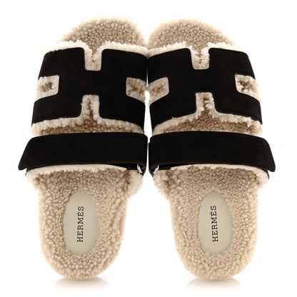 Hermes Suede Goatskin Woolskin Womens Chypre Sandals 39.5 Marron Ebene 2 of 10