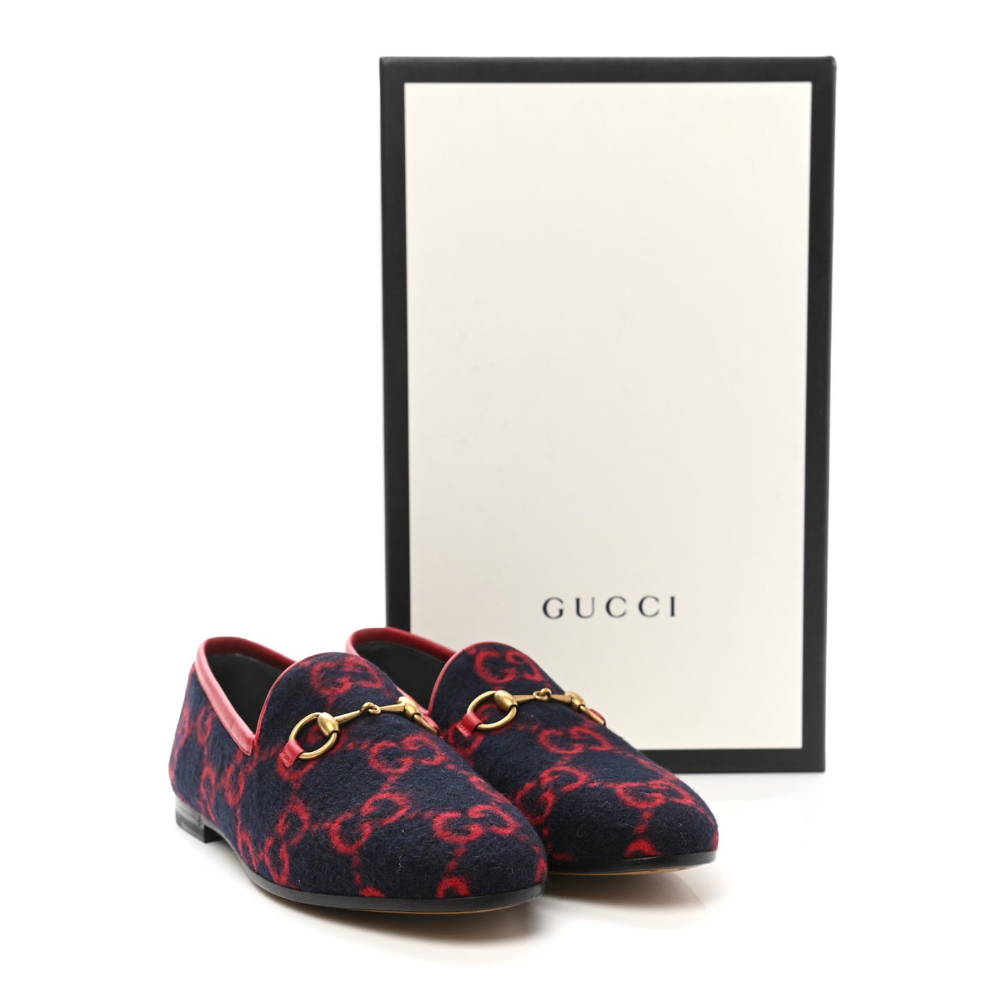 Covered Wool GG Monogram Horsebit Womens Jordaan Loafers 35 Blue Red