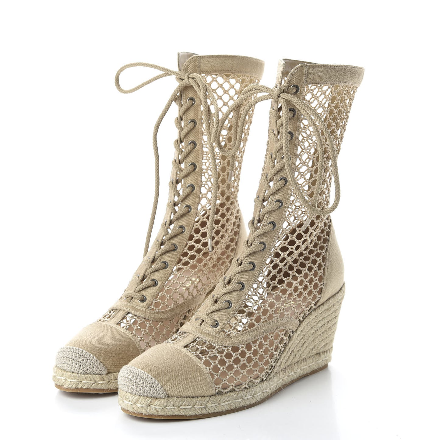 Canvas Resille Embroidered Naughtily-D 65mm Wedge Boots 40.5 Cream