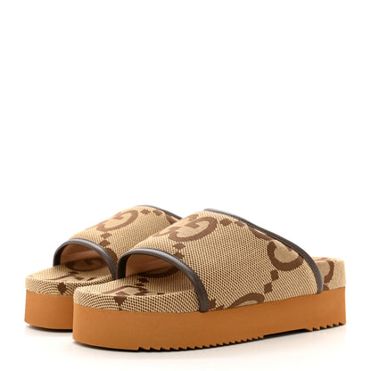 Gucci Monogram Jumbo GG Nappa Samoa Platform 40mm Slide Sandals 38 Camel Ebony New Acero 3 of 9