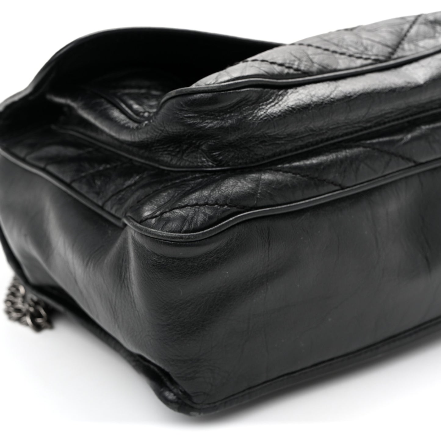 Crinkled Calfskin Matelasse Monogram Large Niki Chain Satchel Black