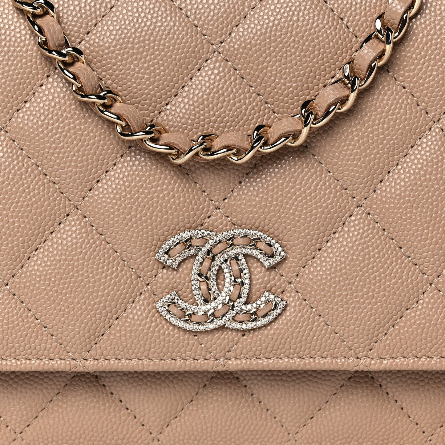 Caviar Quilted Crystal CC Wallet On Chain WOC Beige
