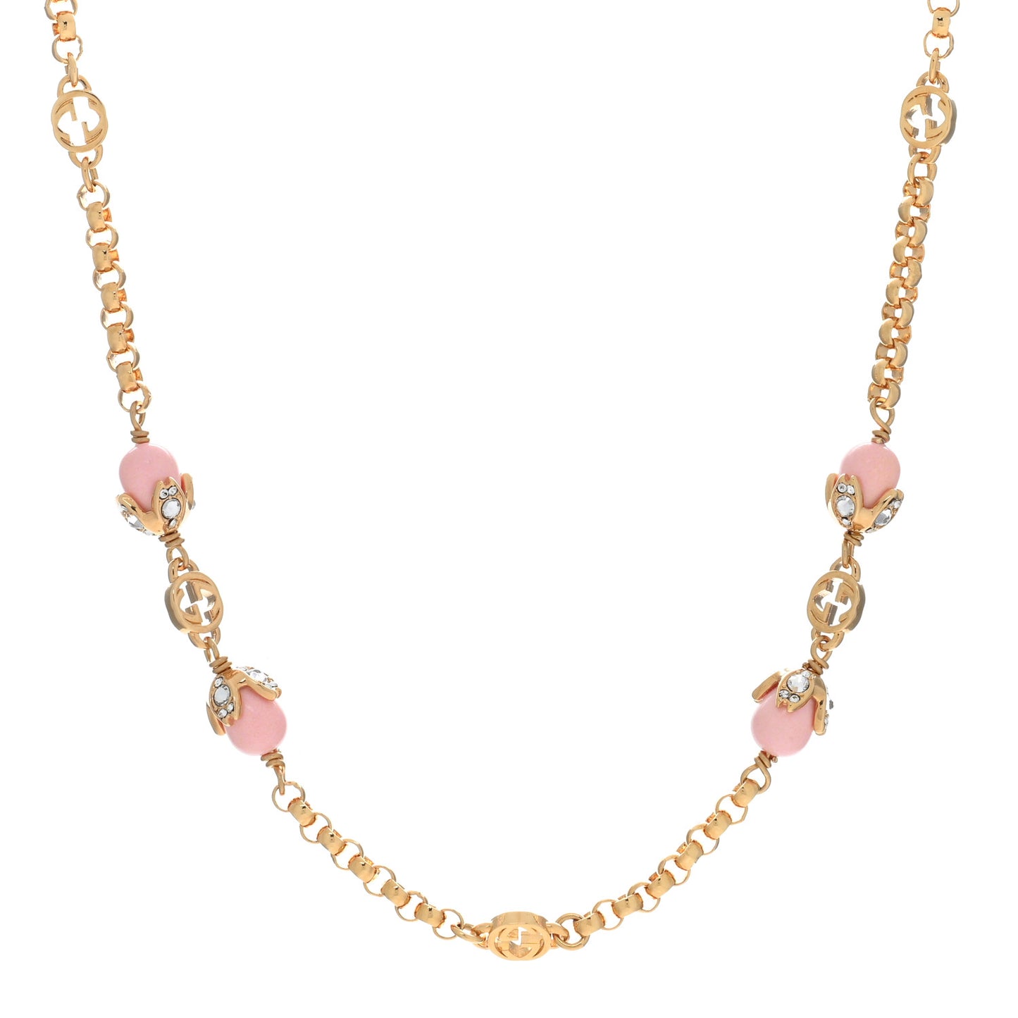 Pearl Crystal Embellished Interlocking G Necklace Pink Aged Gold